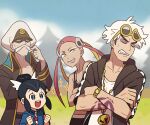  2boys 2girls :d black_eyes blonde_hair clenched_teeth closed_eyes coat commentary crossed_arms day drake_(pokemon) eyeshadow eyewear_on_head facial_hair grin guzma_(pokemon) hair_ornament hat hood hooded_jacket jacket liza_(pokemon) long_hair makeup multicolored_hair multiple_boys multiple_girls mustache no_shirt open_clothes open_coat open_mouth outdoors peaked_cap pink_hair plumeria_(pokemon) pokemon pokemon_(game) pokemon_masters_ex pokemon_oras pokemon_sm quad_tails shirt short_hair short_sleeves skull_hair_ornament sky smile ssalbulre sunglasses tank_top team_skull teeth trench_coat two-tone_hair upper_teeth white_hair white_headwear white_shirt yellow-framed_eyewear yellow_eyes 