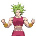  1girl abs aqua_eyes artist_name bangs biceps blue_eyes broad_shoulders crop_top dragon_ball dragon_ball_super earrings green_hair highres jewelry kefla_(dragon_ball) looking_at_viewer midriff muscular muscular_female pants potara_earrings rheepic shirt signature smile smirk smug solo spiked_hair super_saiyan upper_body vambraces white_background 