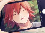  1boy adcalcium boku_no_hero_academia close-up closed_eyes commentary_request hair_between_eyes highres holding holding_phone kirishima_eijirou male_focus open_mouth phone red_hair shirt short_hair signature sleeping solo spiked_hair taking_picture white_shirt 
