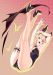 1girl :d animal_ears armpits arms_up black_leotard blonde_hair commentary_request detached_collar dotted_background fake_animal_ears fangs full_body hairband henken high_heels highres leotard looking_at_viewer original pink_background playboy_bunny red_eyes sienna_(henken) skindentation slit_pupils smile solo thigh_strap two-tone_background vampire wrist_cuffs 