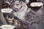  3:2 anthro arknights black_body black_fur black_hair black_nose blue_hair blush clenched_teeth clothing collar duo ear_piercing english_text eyebrow_piercing facial_piercing felid fur hair handwear hi_res hyaenid hypergryph male male/male male_penetrated male_penetrating male_penetrating_male mammal mountain_(arknights) multicolored_hair muscular muscular_anthro muscular_male pantherine penetration piercing pink_nose scar sex size_difference spot_(arknights) spots spotted_body spotted_fur spotted_hyena striped_body stripes studio_montagne teeth text tiger two_tone_hair video_games white_body white_fur wulfer-shepherd 
