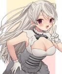  1girl armpit_cutout black_neckerchief blush breasts brown_eyes cleavage cleavage_cutout clothing_cutout conte_di_cavour_(kancolle) conte_di_cavour_nuovo_(kancolle) corset cowboy_shot dress frilled_dress frills gloves grey_dress hair_between_eyes hand_on_hip kantai_collection large_breasts layered_dress long_hair looking_at_viewer neckerchief open_mouth smile solo two-tone_dress two_side_up v waco white_background white_dress white_gloves yellow_background 