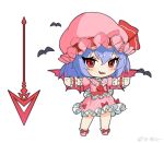  1girl a562209790 ascot bat_(animal) bat_wings brooch chibi chinese_commentary commentary_request fang frilled_shirt frilled_shirt_collar frilled_skirt frilled_sleeves frills full_body hair_between_eyes hat hat_ribbon highres jewelry looking_at_viewer mob_cap open_mouth pink_footwear pink_headwear pink_shirt pink_skirt pink_wings puffy_short_sleeves puffy_sleeves purple_hair red_ascot red_brooch red_eyes red_ribbon remilia_scarlet ribbon shirt short_hair short_sleeves simple_background skin_fang skirt skirt_set socks solo spear_the_gungnir touhou weibo_logo white_background white_socks wings wrist_cuffs 
