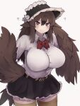  1girl ? bangs belt bird_tail black_skirt black_souls bonnet bow bowtie breasts brown_eyes brown_hair commentary cowboy_shot dodo_(black_souls) eyes_visible_through_hair frilled_skirt frills hair_between_eyes harpy highres impossible_clothes impossible_shirt large_breasts looking_at_viewer monster_girl red_bow red_bowtie shirt simple_background skirt smile solo tail thighhighs white_background white_shirt winged_arms wings yonaga_san zettai_ryouiki 