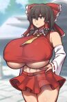  1girl belly blurry blurry_background bow breasts brown_eyes dekapaiyukari detached_sleeves gigantic_breasts hair_bow hair_tubes hakurei_reimu highres nontraditional_miko red_bow red_skirt ribbon-trimmed_sleeves ribbon_trim skirt thick_thighs thighs touhou underboob 