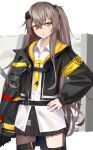 1girl :o absurdres bangs black_jacket black_skirt black_thighhighs breasts brown_eyes brown_hair feet_out_of_frame girls&#039;_frontline hair_ornament hairclip hand_on_hip highres jacket kotoha_(kotoha65) long_hair long_sleeves looking_at_viewer mechanical_arms mod3_(girls&#039;_frontline) necktie open_clothes open_jacket open_mouth scar scar_across_eye shirt side_ponytail simple_background single_mechanical_arm single_thighhigh skirt small_breasts solo standing thighhighs ump45_(girls&#039;_frontline) white_shirt yellow_necktie 