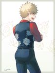  1boy adcalcium ass bakugou_katsuki black_pants black_vest blonde_hair boku_no_hero_academia commentary_request crossed_arms floral_print from_behind highres long_sleeves looking_at_viewer looking_back male_focus official_alternate_costume open_mouth pants print_vest red_eyes red_shirt rose_print shirt short_hair signature simple_background smile solo spiked_hair standing vest white_background 