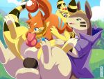  absurd_res alleros_(howlingampharos) ampharos anal anal_penetration animal_genitalia balls big_balls big_butt big_tail black_penis buizel butt cleff_(yellyxp) feral generation_2_pokemon generation_4_pokemon genitals group hi_res holding_butt knot male male/male nikkibunn nintendo oral penetration penis pokemon pokemon_(species) raised_leg risen trio typhlosion video_games 