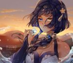  1girl absurdres artist_name bangs bare_shoulders blue_eyes blue_hair blue_nails blurry breasts candace_(genshin_impact) cleavage dark-skinned_female dark_skin desert detached_sleeves egyptian_clothes english_commentary evening genshin_impact hair_ornament heterochromia highres hydrokinesis jewelry looking_at_hand medium_breasts muenoart parted_lips short_hair_with_long_locks solo water yellow_eyes 