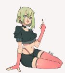  1girl black_nails blue_eyes collarbone crop_top earrings flat_chest green_hair highres jewelry kiritzugu middle_finger navel open_mouth original pink_thighhighs rebel short_hair short_shorts shorts solo thighhighs tongue tongue_out 