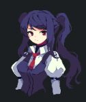  1girl 4qw5 black_background black_hair closed_mouth collared_shirt cropped_torso english_commentary hand_on_hip jill_stingray juliet_sleeves long_hair long_sleeves looking_at_viewer necktie pixel_art puffy_sleeves red_eyes red_necktie shirt simple_background solo va-11_hall-a white_shirt 
