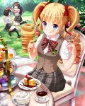  3girls absurdres black_socks blonde_hair blue_eyes blush bow bowtie brown_footwear brown_vest cake cake_slice chair cup cupcake day drill_hair food food_on_face fork fruit grass hair_bow head_wreath highres holding holding_fork idol_wars_z kneehighs licking_lips macaron multiple_girls outdoors plaid plaid_bow plaid_bowtie plaid_skirt red_bow red_bowtie rinka_tenkawa school_uniform shirt show100000 sitting skirt socks strawberry table teacup teapot tiered_tray tongue tongue_out twin_drills twintails vest white_shirt 
