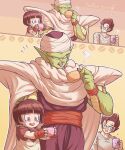  1girl 2boys black_eyes black_hair cape child coffee coffee_cup coffee_mug colored_skin commentary_request cup disposable_cup dragon_ball dragon_ball_super dragon_ball_super_super_hero drink english_text father_and_daughter female_child green_skin highres holding koukyouji mug multiple_boys open_mouth pan_(dragon_ball) piccolo pointy_ears shirt short_hair son_gohan spiked_hair steam tongue tongue_out turban 