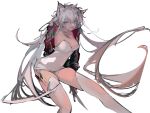  1girl :d alternate_costume animal_ears arknights black_jacket breasts cleavage collarbone covered_navel dagger dress feet_out_of_frame grey_eyes grey_hair highres holding holding_weapon jacket knife lappland_(arknights) long_hair long_sleeves looking_at_viewer medium_breasts naijiaer open_clothes open_jacket oripathy_lesion_(arknights) parted_lips short_dress simple_background skindentation smile solo strapless strapless_dress thighhighs very_long_hair weapon white_background white_thighhighs wolf_ears 