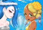  2girls bare_shoulders big_man_(splatoon) blonde_hair blue_hair breasts chest_sarashi cleavage collarbone colored_eyelashes dark-skinned_female dark_skin earrings eyelashes eyeliner eyeshadow fangs food food_on_head frye_(splatoon) gradient_hair hachimaki headband highres humanization jewelry koharu2.5 long_hair makeup manta_ray multicolored_hair multiple_earrings multiple_girls nejiri_hachimaki object_on_head open_mouth purple_eyeshadow purple_hair red_eyeliner red_eyes sarashi shiver_(splatoon) sleeveless small_breasts smile splatoon_(series) splatoon_3 tareme teeth tempura tooth_earrings tsurime two-tone_hair yellow_eyes 