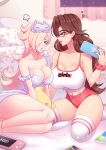  2girls bare_legs bed blonde_hair blue_eyes breasts brown_hair eye_mask hair_over_one_eye handheld_game_console heart highres large_breasts looking_at_another luma_(mario) mario_(series) multiple_girls nightgown nintendo_switch_lite pauline_(mario) princess_daisy purinmallow short_shorts shorts sleep_mask sleeping smile super_mario_galaxy super_mario_odyssey tank_top 