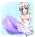  1girl absurdres bangs blush border breasts cleavage collarbone commentary_request crab full_body grey_hair highres idolmaster idolmaster_shiny_colors kneeless_mermaid long_hair looking_at_viewer mermaid mk_ii_(maebrasan) monster_girl monsterification navel open_mouth purple_eyes scales sitting smile solo white_border yukoku_kiriko 