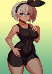  1girl absurdres bare_arms bare_shoulders bea_(pokemon) black_hairband black_leotard black_ribbon blue_eyes breasts closed_mouth collarbone commentary_request covered_navel cowboy_shot dark-skinned_female dark_skin gradient gradient_background green_background grey_hair hair_ribbon hairband hand_on_hip hand_on_own_chest highres hiroshi_(beolcoyote) impossible_clothes large_breasts leotard looking_at_viewer pokemon pokemon_(game) pokemon_swsh ribbon short_hair solo thick_eyebrows v-shaped_eyebrows yellow_background 