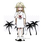  1girl alternate_costume bag black_ribbon blonde_hair clothes_writing commentary_request dated full_body hair_flaps hair_ornament hair_ribbon hairclip highres kantai_collection long_hair palm_tree plastic_bag red_eyes ribbon shikishima_fugen shirt silhouette solo tree twitter_username white_background white_footwear white_shirt yuudachi_(kancolle) 