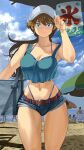  1girl baseball_cap beach beach_umbrella belt bikini bikini_under_clothes blue_bikini blue_eyes blue_shorts breasts cleavage cloud cloudy_sky commentary_request crop_top crop_top_overhang day denim denim_shorts facing_viewer hat highleg highleg_bikini highres large_breasts long_hair low_ponytail m.u.g.e.n narrow_waist navel ocean oggy original ryuuko_(oggy) sand serious short_shorts shorts sidelocks sign sky solo_focus swimsuit thick_thighs thighs toned tote_bag umbrella 