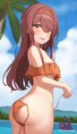  1girl absurdres ass bangs bikini blue_sky blurry blurry_background blush breasts cloud cloudy_sky cowboy_shot day debi_tarou dot_nose from_side hair_between_eyes hairband highres idolmaster idolmaster_shiny_colors long_hair looking_at_viewer looking_back mountainous_horizon open_mouth osaki_tenka outdoors palm_tree raised_eyebrows shiny shiny_hair sky strap_gap string_bikini swimsuit tearing_up tree twisted_torso underboob untied untied_bikini wanimaru wardrobe_malfunction water wet 