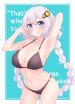  :p aho_whale ahoge aqua_background armpits arms_up ass_visible_through_thighs background_text bangs bikini black_bikini blue_eyes blush border braid breasts cleavage closed_mouth collarbone cowboy_shot english_text grey_hair hair_ornament highres kizuna_akari large_breasts long_hair looking_at_viewer navel o-ring o-ring_bikini outside_border smile star_(symbol) stomach swimsuit tongue tongue_out twin_braids very_long_hair voiceroid white_border 