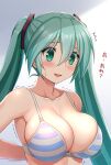  1girl :d ^^^ aqua_eyes aqua_hair blush bra breasts cleavage collarbone commentary grey_background hair_between_eyes hatsune_miku highres hormone_koijirou large_breasts long_hair motion_lines open_mouth revision simple_background skindentation smile solo striped striped_bra translated trembling twintails underwear underwear_only upper_body vocaloid white_background 
