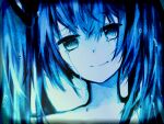  1girl backlighting bangs blue_eyes blue_hair blue_theme crying crying_with_eyes_open hatsune_miku head_tilt ikari_(aor3507) light_smile long_hair looking_at_viewer monochrome painting_(medium) portrait sad_smile solo tears traditional_media twintails vocaloid watercolor_(medium) wet wet_hair 