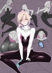  1girl absurdres ass blonde_hair bodysuit breasts cellphone closed_eyes gwen_stacy highres hood looking_at_viewer marvel mask medium_breasts phone ryofu_(pixiv12347507) short_hair silk skin_tight smile solo spider-gwen spider-man:_into_the_spider-verse spider-man_(series) spider_web spider_web_print superhero 