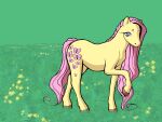  absurd_res all_fours blue_eyes brown_hooves circle_eyebrows cutie_mark dreamscreep earth_pony equid equine eyebrows female feral field flower fluttershy_(mlp) friendship_is_magic fur grass green_background hair hasbro hi_res hooves horse long_hair looking_at_viewer mammal my_little_pony outside pink_hair plant pony side_view simple_background solo walking wavy_hair worried yellow_body yellow_fur 