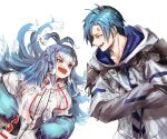  1boy 1girl absurdres anger_vein arguing armor blue_eyes blue_hair cropped_hoodie crossed_arms floating_hair hand_on_hip highres hololive hololive_indonesia holostars holostars_english hood hoodie hyde_(tabakko) kobo_kanaeru long_hair long_sleeves midriff multicolored_hair open_mouth regis_altare short_hair shoulder_armor simple_background teeth two-tone_hair upper_body virtual_youtuber white_background white_hair 