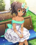  1girl absurdres aqua_bow bare_shoulders bench blue_eyes bow breasts brown_hair cup dark-skinned_female dark_skin day dress flower gloves grass green_eyes hair_bow hair_flower hair_ornament highres idol_wars_z lace lace_gloves off-shoulder_dress off_shoulder outdoors ponytail sitting small_breasts solo third-party_source white_dress 
