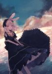  1girl animal_ears bangs black_bow black_dress bow commentary_request dress headdress lolita_fashion long_dress long_hair looking_at_viewer myaco9 ocean original parasol rabbit_ears rabbit_girl solo umbrella white_hair 