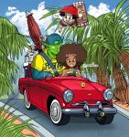  1boy 2girls afro amartbee backwards_hat baseball_cap black_hair blue_sky bottle car child cloud cloudy_sky commentary convertible day dragon_ball dragon_ball_super dragon_ball_super_super_hero driving female_child ground_vehicle hat highres janet_(dragon_ball_super_super_hero) motor_vehicle multiple_girls palm_tree pan_(dragon_ball) piccolo red_headwear road sky smile steering_wheel tree water_bottle 