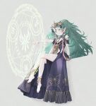  1girl 21_(eotyq58d6do16cs) anklet arm_support bangs bare_shoulders barefoot blunt_bangs braid commentary crossed_legs detached_collar dress fire_emblem fire_emblem:_three_houses flat_chest forehead_jewel full_body green_eyes green_hair grey_background hair_ornament hair_ribbon heart jewelry long_hair looking_away magic_circle off-shoulder_dress off_shoulder outstretched_arm plantar_flexion pointy_ears purple_dress red_ribbon ribbon ribbon_braid side_braid sidelocks simple_background sitting smile solo sothis_(fire_emblem) symbol-only_commentary tassel tassel_hair_ornament tiara twin_braids two_side_up very_long_hair white_ribbon wrist_ribbon 