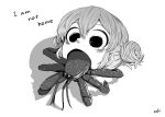  1girl 4shi artist_name bangs commentary_request dango-chan_(4shi) disembodied_head double_bun english_text greyscale hair_bun hermit_crab highres hollow_eyes monochrome open_mouth original short_hair white_background 