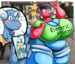  absurd_res anthro belly big_belly big_breasts blush breasts clothed clothing dragonair drokmars duo female female_focus first_person_view generation_1_pokemon generation_2_pokemon gesture hi_res holding_object huge_breasts male male/female nintendo pokemon pokemon_(species) porygon porygon2 surprise thick_thighs tight_clothing video_games waving weight_gain 