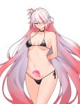  1girl arms_behind_back bails bangs bikini black_bikini black_choker blush breasts choker fu_hua fu_hua_(phoenix) hair_over_one_eye highres honkai_(series) honkai_impact_3rd long_hair looking_at_viewer mole mole_on_breast multicolored_hair navel pink_hair red_eyes simple_background solo streaked_hair string_bikini swimsuit tattoo very_long_hair white_background white_hair 