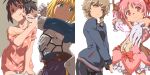  4girls aiming_at_viewer amane_suzuha aoi_nori_(aoicoblue) armor armored_dress arms_up artoria_pendragon_(fate) bangs bike_shorts black_hair blonde_hair blue_dress blue_jacket bow bow_(weapon) braid breastplate breasts bubble_skirt closed_mouth dress facepaint fate/stay_night fate_(series) faulds frilled_skirt frills gauntlets gloves glowing green_eyes gun hair_bow hair_ribbon handgun holding holding_bow_(weapon) holding_gun holding_weapon jacket kaname_madoka kimi_no_na_wa. long_sleeves looking_at_viewer looking_to_the_side magical_girl mahou_shoujo_madoka_magica marker medium_breasts miyamizu_mitsuha multiple_girls outstretched_arm pink_dress pink_eyes pink_hair polka_dot polka_dot_dress puffy_sleeves red_bow red_ribbon ribbon saber short_hair short_twintails skirt sleepwear steins;gate tongue tongue_out twin_braids twintails v-shaped_eyebrows weapon white_gloves yellow_eyes 