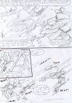  aircraft anthro battle black_and_white canid canine comic crashing dialogue dust dust_cloud english_text flashback kitfox-crimson landing machine male mammal mecha monochrome motion_lines novus_(kitfox-crimson) onomatopeia sketch solo star_symbol text 