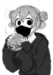  1girl 4shi bangs burger commentary_request dango-chan_(4shi) double_bun food greyscale hair_between_eyes hair_bun highres holding holding_food hollow_eyes jacket long_sleeves looking_at_viewer mask monochrome mouth_mask notice_lines open_mouth original short_hair simple_background sleeves_past_wrists solo translation_request upper_body white_background 