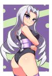  1girl ass azure_striker_gunvolt azure_striker_gunvolt_2 breasts closed_mouth cougar_(cougar1404) elise_(gunvolt) long_hair looking_at_viewer mixed-language_commentary purple_eyes smile solo white_hair 