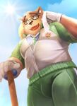  anthro bodily_fluids brown_body brown_fur clothing eyewear farmer fur glasses gloves handwear hat headgear headwear kemumaki lifewonders male mammal slightly_chubby solo straw_hat sweat tokyo_afterschool_summoners towel ursid video_games volos 