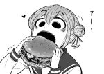  1girl 4shi bangs burger commentary_request dango-chan_(4shi) food greyscale hair_between_eyes hair_bun heart highres holding holding_food hollow_eyes long_sleeves looking_at_food monochrome open_mouth original portrait school_uniform serafuku short_hair simple_background solo white_background 
