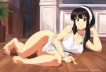  1girl apron bangs bare_shoulders barefoot black_hair blush breasts cleavage earrings feet hairband jewelry large_breasts long_hair lying naked_apron on_side red_eyes sidelocks smile solo spy_x_family squeezable_(artist) toes yor_briar 