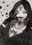  1girl black_gloves black_lips blood blood_on_face breasts brown_hair cleavage commentary daniela_dimitrescu gloves gothic head_tattoo hooded_robe jewelry long_hair myaco9 necklace resident_evil resident_evil_village robe solo yellow_eyes 