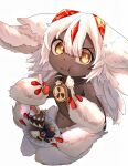  1girl chewing claws dark-skinned_female dark_skin extra_arms faputa fewer_digits food hair_between_eyes highres holding holding_food looking_at_viewer made_in_abyss monster_girl naki1551 plate simple_background solo teeth white_background white_fur white_hair yellow_eyes 