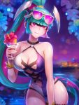  1girl bangs blunt_bangs breasts cleavage closed_mouth cocktail cocktail_glass colored_inner_hair cup drinking_glass elico_nya green_hair high_ponytail holding holding_cup large_breasts lilin_(nyanko_daisensou) long_hair looking_at_viewer multicolored_hair navel nyanko_daisensou one-piece_swimsuit purple_eyes purple_hair smile solo swimsuit two-tone_hair two-tone_swimsuit 