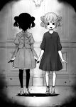  2girls 4shi bangs blood blood_on_clothes blood_on_face blood_on_leg commentary_request dango-chan_(4shi) dress frilled_skirt frills greyscale hair_bun highres holding_hands indoors monochrome multiple_girls neck_ribbon original puffy_sleeves ribbon shadows_house shirt short_hair skirt socks solo 