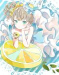  1girl aqua_eyes bangs blue_bow blue_nails blush bow brown_hair dress food fruit hair_bow hat head_rest lemon lolita_fashion looking_at_viewer myaco9 original side_ponytail strapless strapless_dress white_dress yellow_bow 